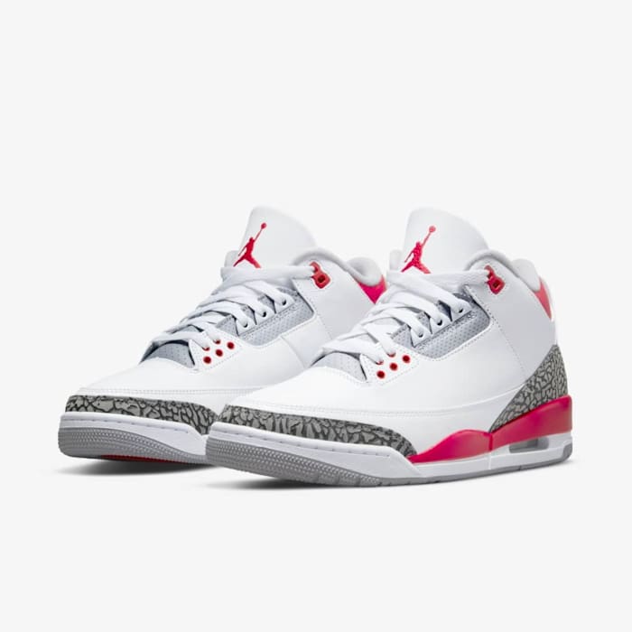 View of Air Jordan 3 'Fire Red' shoes.