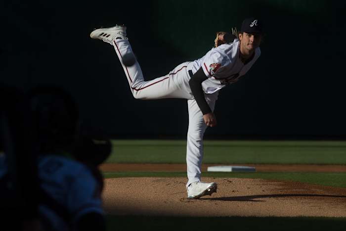 Ryne Nelson throws a pitch for the Reno Aces.