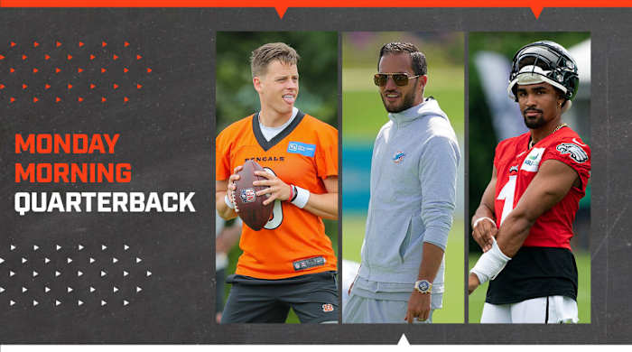 Bengals quarterback Joe Burrow, Dolphins coach Mike McDaniel, Eagles quarterback Jalen Hurts