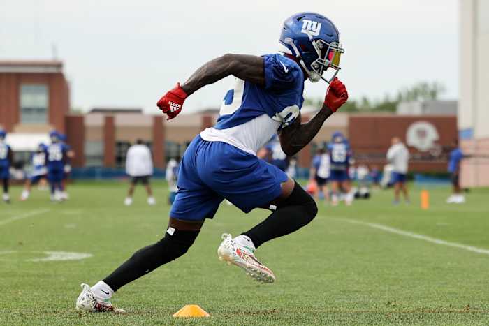 Jul 29, 2022; East Rutherford, NJ, USA; New York Giants wide receiver Kadarius Toney (89) runs a drill during training camp at Quest Diagnostics Training Facility.