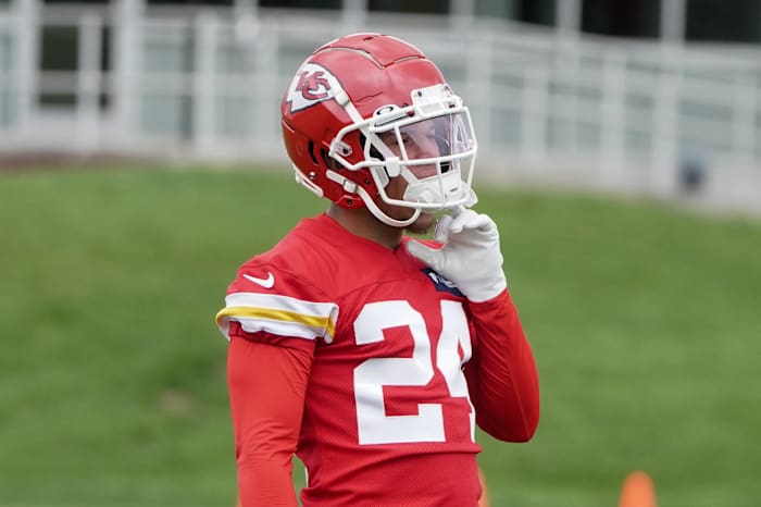 May 26, 2022; Kansas City, MO, USA; Kansas City Chiefs wide receiver Skyy Moore (24) runs drills during organized team activities at The University of Kansas Health System Training Complex. Mandatory Credit: Denny Medley-USA TODAY Sports