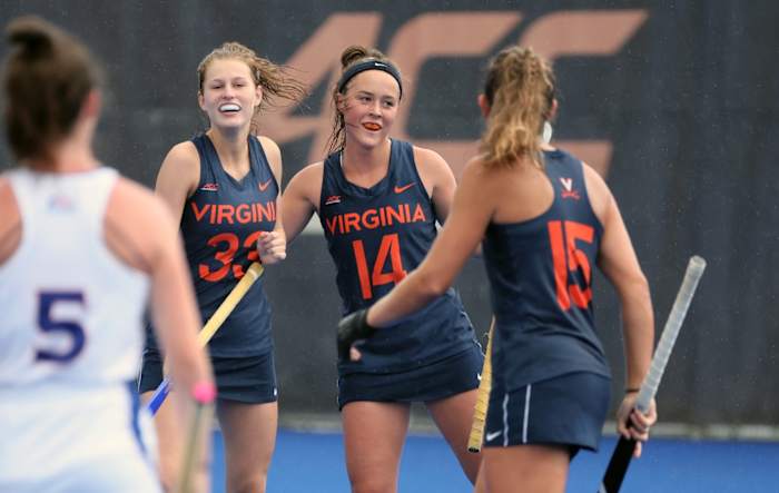 Virginia midfielder Annie McDonough celebrates after scoring a goal for the UVA field hockey team.