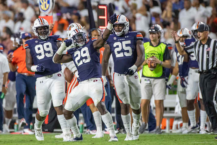 Auburn Tigers linebacker Derick Hall (29) celebrates the sack on Mercer's quarterback at Jordan-Hare Stadium on Sept. 3, 2022.