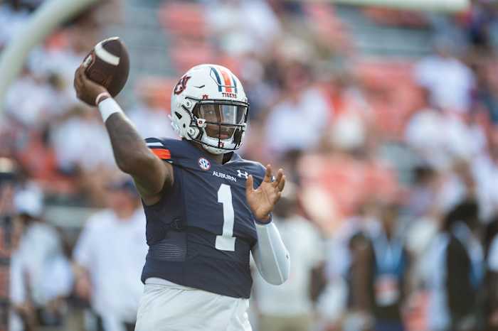 Auburn Tigers quarterback T.J. Finley (1) throws the ball during warm ups before Auburn Tigers take on Mercer Bears at Jordan-Hare Stadium in Auburn, Ala., on Saturday, Sept. 3, 2022.