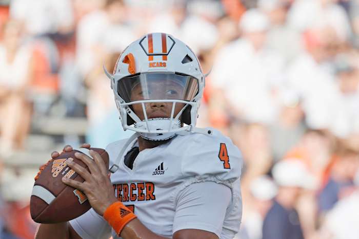 Sep 3, 2022; Auburn, Alabama, USA; Mercer Bears quarterback Fred Payton (4) warms up before the game against the Auburn Tigers at Jordan-Hare Stadium. Mandatory Credit: John Reed-USA TODAY Sports