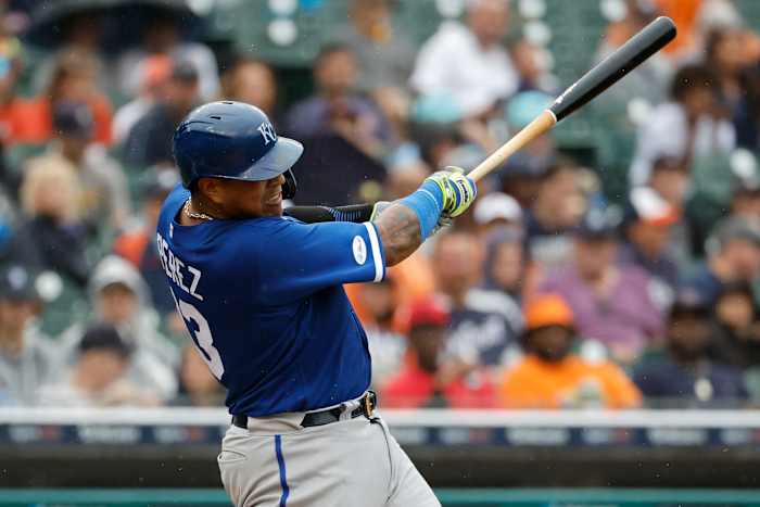 Sep 4, 2022; Detroit, Michigan, USA; Kansas City Royals catcher Salvador Perez (13) hits a single in the third inning against the Detroit Tigers at Comerica Park. Mandatory Credit: Rick Osentoski-USA TODAY Sports
