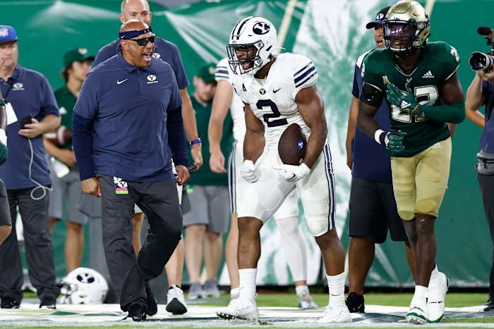Sep 3, 2022; Tampa, Florida, USA; Brigham Young Cougars running back Christopher Brooks (2) reacts against the South Florida Bulls during the second half at Raymond James Stadium. Mandatory Credit: Douglas DeFelice-USA TODAY Sports