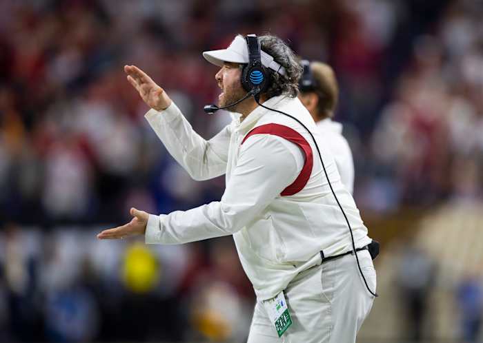 Jan 10, 2022; Indianapolis, IN, USA; Alabama Crimson Tide defensive coordinator Pete Golding against the Georgia Bulldogs in the 2022 CFP college football national championship game at Lucas Oil Stadium. Mandatory Credit: Mark J. Rebilas-USA TODAY Sports