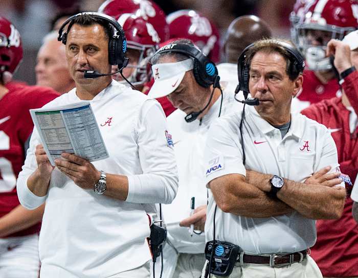 Alabama offensive coordinator Steve Sarkisian and head coach Nick Saban against Duke in the Chick-fil-A Kickoff Game at Mercedes Benz Stadium in Atlanta, Ga., on Saturday August 31, 2019.
