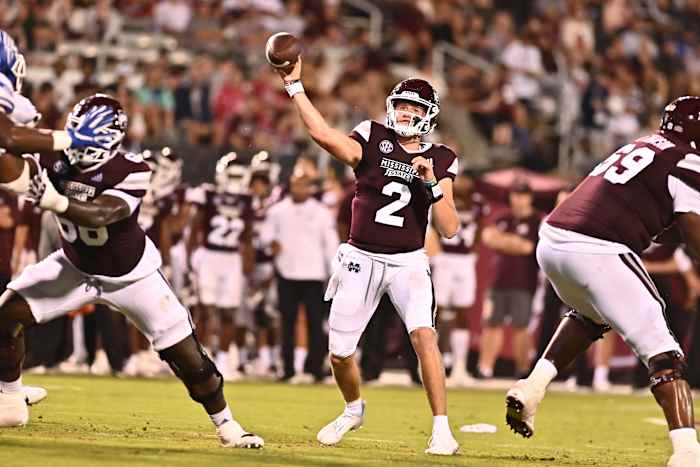 Sep 3, 2022; Starkville, Mississippi, USA; Mississippi State Bulldogs quarterback Will Rogers (2) makes a pass against the Memphis Tigers during the second quarter at Davis Wade Stadium at Scott Field. Mandatory Credit: Matt Bush-USA TODAY Sports