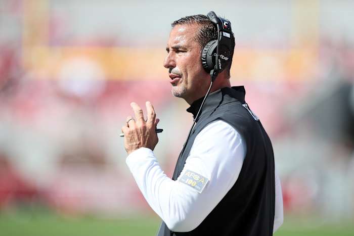 Sep 3, 2022; Fayetteville, Arkansas, USA; Cincinnati Bearcats head coach Luke Fickell during the second quarter against the Arkansas Razorbacks at Donald W. Reynolds Razorback Stadium. Mandatory Credit: Nelson Chenault-USA TODAY Sports