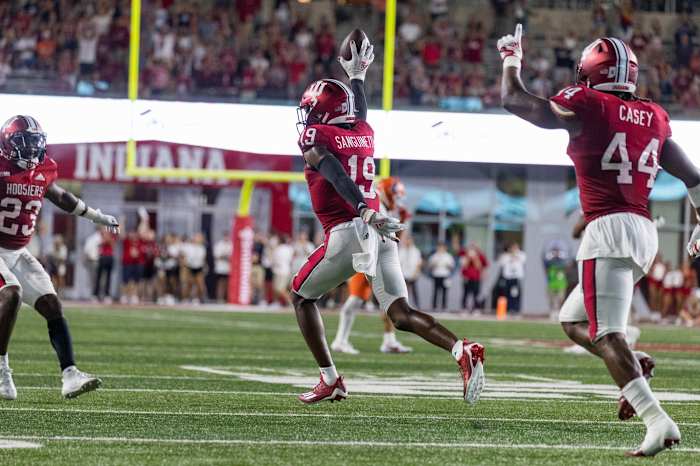Indiana Hoosiers defensive back Josh Sanguinetti (19) celebrates his interception of the ball in the second half against the Indiana Hoosiers at Memorial Stadium.