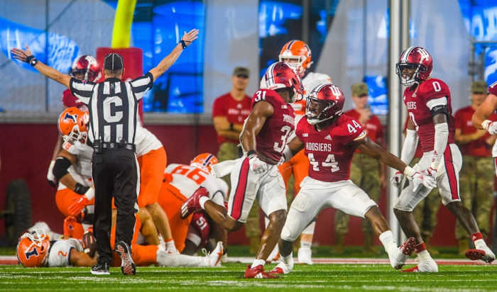 Indiana's Aaron Casey (44) celebrates his backfield tackle of Illinois' Chase Brown (2) during the Indiana versus Illinois football game at Memorial Stadium on Friday, Sept. 2, 2022.