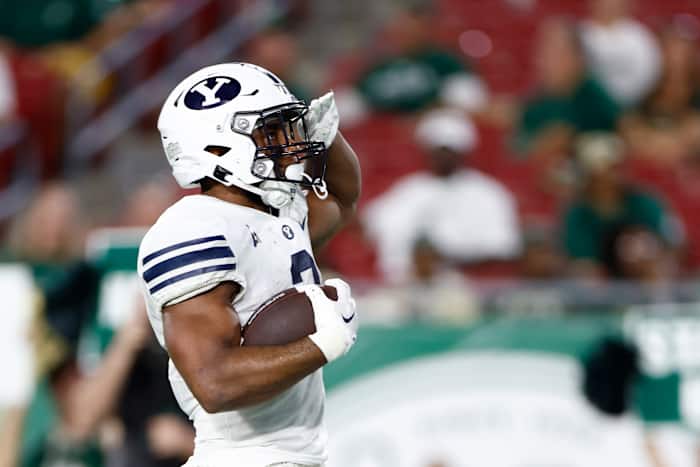 Sep 3, 2022; Tampa, Florida, USA; Brigham Young Cougars running back Christopher Brooks (2) reacts after running the ball in for a touchdown against the South Florida Bulls during the second half at Raymond James Stadium. Mandatory Credit: Douglas DeFelice-USA TODAY Sports
