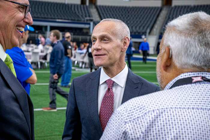 Jul 13, 2022; Arlington, TX, USA; Big 12 commissioner Brett Yormark talks with the media during the Big 12 Media Day at AT&T Stadium. Mandatory Credit: Jerome Miron-USA TODAY Sports