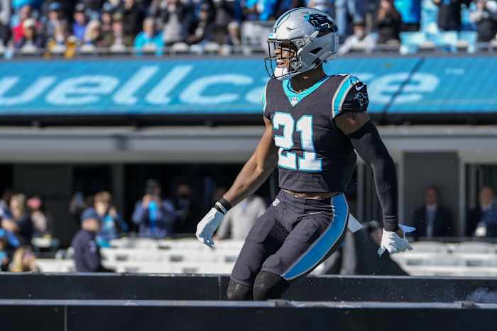 Dec 12, 2021; Charlotte, North Carolina, USA; Carolina Panthers safety Jeremy Chinn (21) takes the field before the game against the Atlanta Falcons at Bank of America Stadium. Mandatory Credit: Jim Dedmon-USA TODAY Sports