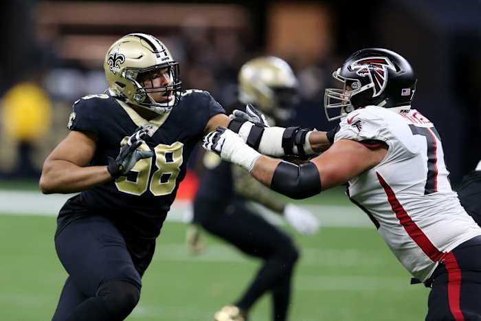 Nov 7, 2021; New Orleans Saints defensive end Payton Turner (98) against Atlanta Falcons tackle Jake Matthews (70). Mandatory Credit: Chuck Cook-USA TODAY Sports