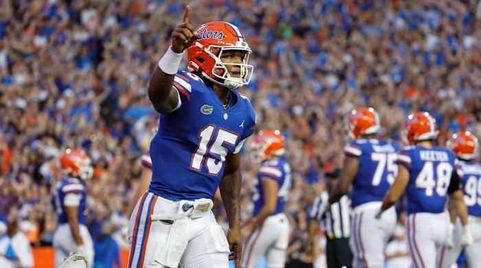 Florida quarterback Anthony Richardson points after he scores a touchdown.