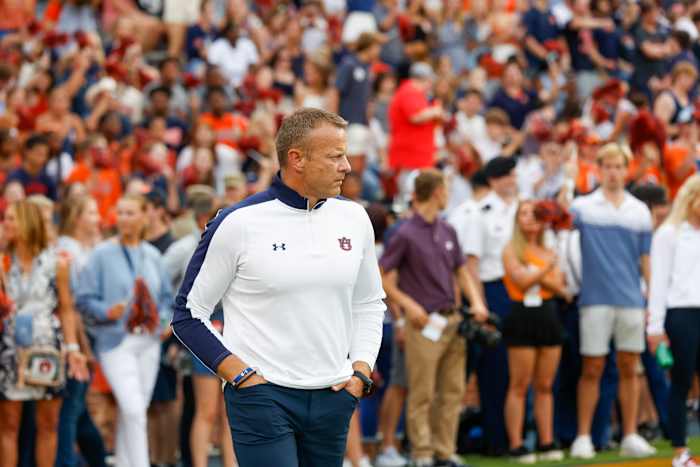 Auburn Tigers head coach Bryan Harsin surveys his team during pregame warmups prior to the San Jose State vs Auburn game on Saturday, Sept. 10, 2022.