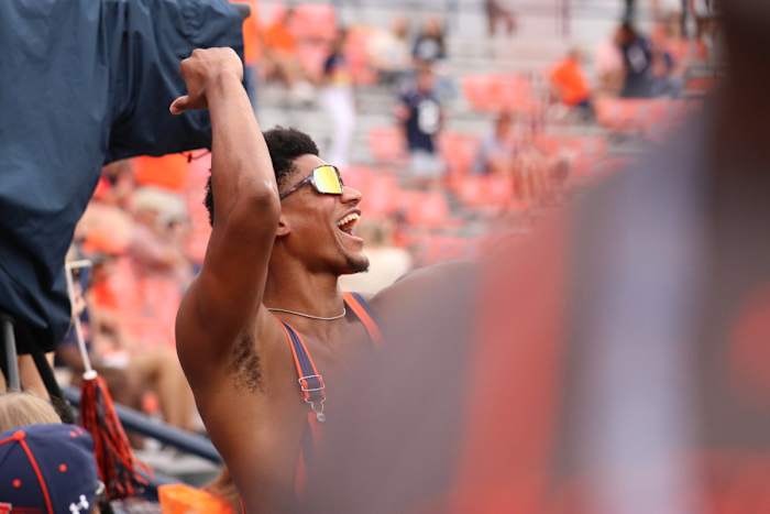 Dylan Cardwell fires up the Auburn fans before the game vs San Jose State.