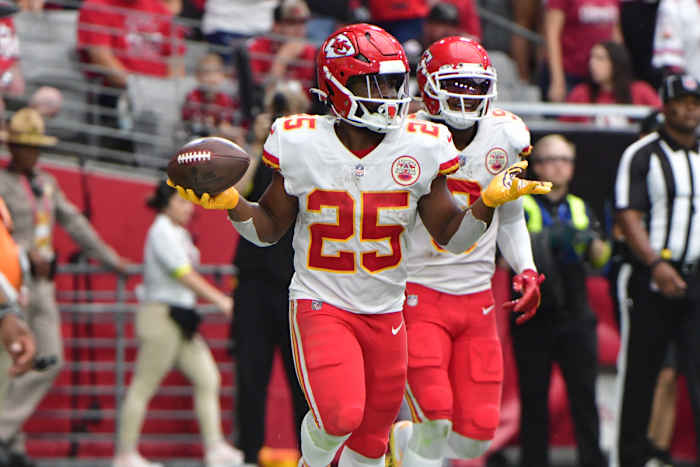 Sep 11, 2022; Glendale, Arizona, USA; Kansas City Chiefs running back Clyde Edwards-Helaire (25) celebrates after scoring a touchdown in the first half against the Arizona Cardinals at State Farm Stadium. Mandatory Credit: Matt Kartozian-USA TODAY Sports