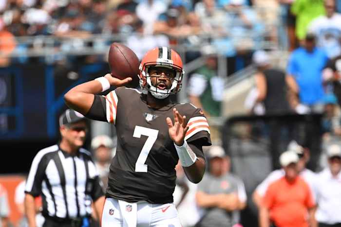 Sep 11, 2022; Charlotte, North Carolina, USA; Cleveland Browns quarterback Jacoby Brissett (7) throws a touchdown pass in the second quarter at Bank of America Stadium. Mandatory Credit: Bob Donnan-USA TODAY Sports