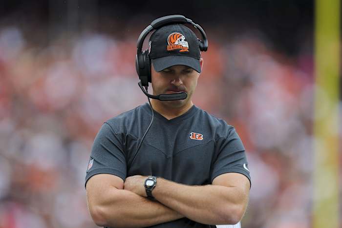 Sep 11, 2022; Cincinnati, Ohio, USA; Cincinnati Bengals head coach Zac Taylor during the first half against the Pittsburgh Steelers at Paycor Stadium. Mandatory Credit: Katie Stratman-USA TODAY Sports