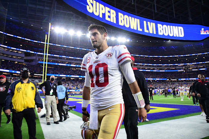 San Francisco 49ers quarterback Jimmy Garoppolo leaves the field after losing to the Los Angeles Rams in the NFC Championship Game at SoFi Stadium.