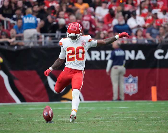 Kansas City Chiefs safety Justin Reid (20) kicks off against the Arizona Cardinals during the third quarter at State Farm Stadium. Nfl Cardinals Nfl Game Kansas City Chiefs At Arizona Cardinals