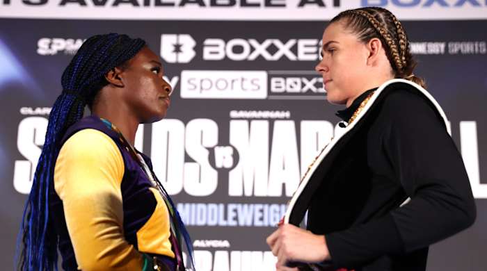 Claressa Shields (L) and Savannah Marshall (R) face-off during the press conference ahead of their undisputed middleweight championship fight at Canary Riverside Plaza Hotel on September 08, 2022 in London, England.