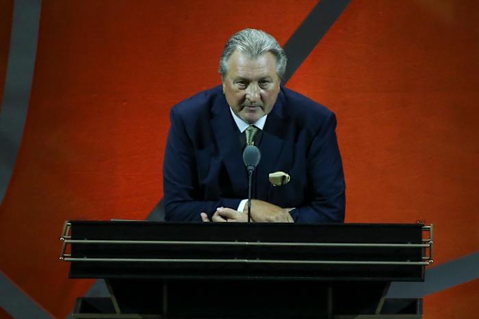 Sep 10, 2022; Springfield, MA, USA; Bob Huggins gives his speech as he is inducted into the 2022 Basketball Hall of Fame at Symphony Hall. Mandatory Credit: Wendell Cruz-USA TODAY Sports