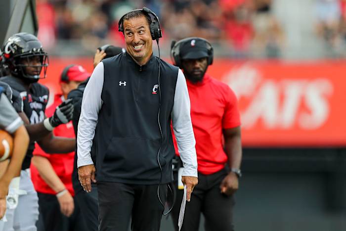 Sep 10, 2022; Cincinnati, Ohio, USA; Cincinnati Bearcats head coach Luke Fickell reacts after a touchdown scored against the Kennesaw State Owls in the second half at Nippert Stadium. Mandatory Credit: Katie Stratman-USA TODAY Sports