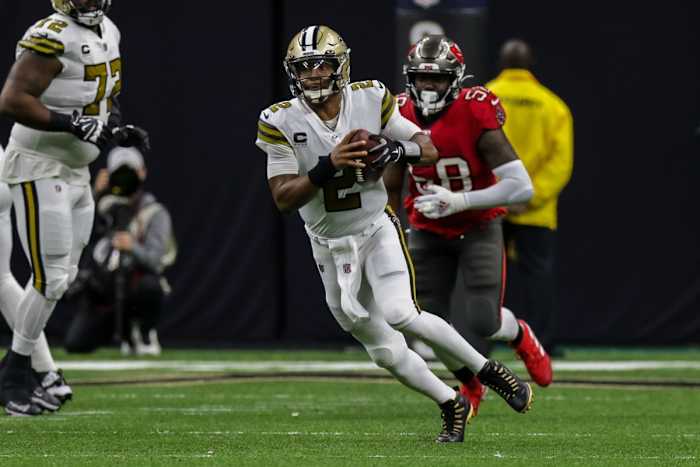 Oct 31, 2021; New Orleans Saints quarterback Jameis Winston (2) scrambles past Tampa Bay Buccaneers linebacker Shaquil Barrett (58). Mandatory Credit: Stephen Lew-USA TODAY Sports