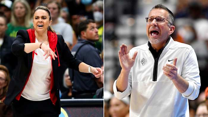 Split image of Aces coach Becky Hammon and Sun coach Curt Miller
