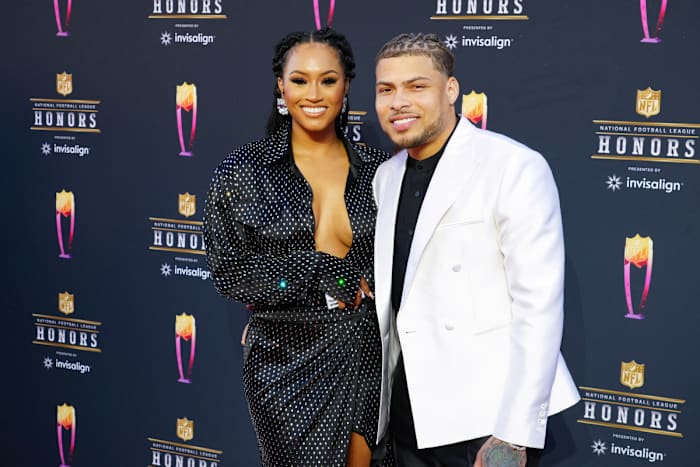 Tyrann Mathieu and his fiancé, Sydni Russell, pose for a photo before NFL Honors