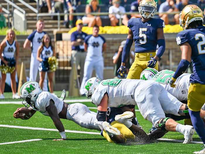 Marshall’s Khalan Laborn dives for a touchdown vs Notre Dame
