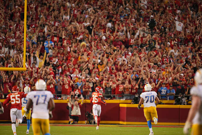 Sep 15, 2022; Kansas City, Missouri, USA; Kansas City Chiefs cornerback Jaylen Watson (35) runs for a touchdown after an interception against the Los Angeles Chargers during the second half at GEHA Field at Arrowhead Stadium. Mandatory Credit: Jay Biggerstaff-USA TODAY Sports