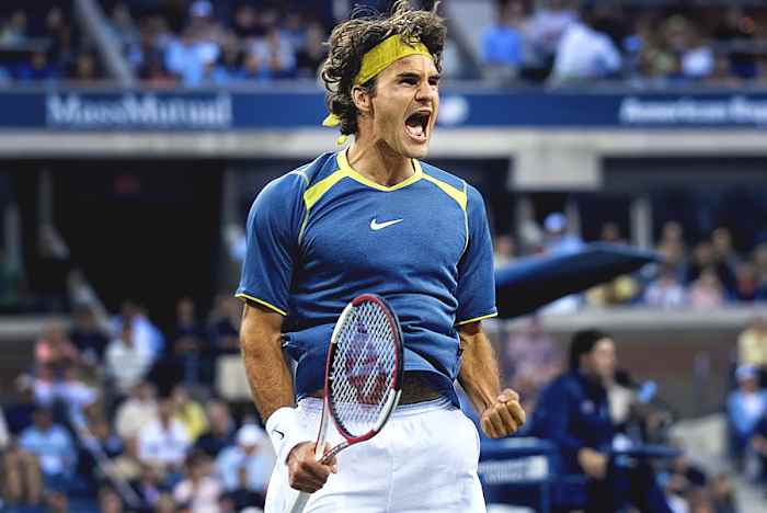 Roger Federer celebrates his win over Andre Agassi in the 2005 U.S. Open final.