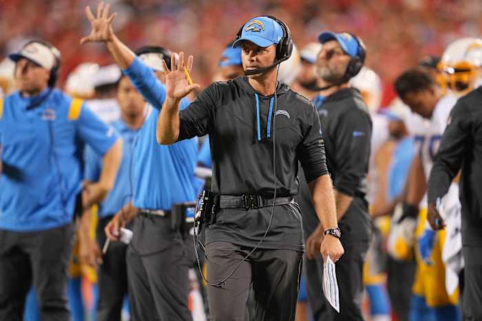 Sep 15, 2022; Kansas City, Missouri, USA; Los Angeles Chargers head coach Brandon Staley watches game action against the Kansas City Chiefs during the second half at GEHA Field at Arrowhead Stadium. Mandatory Credit: Jay Biggerstaff-USA TODAY Sports