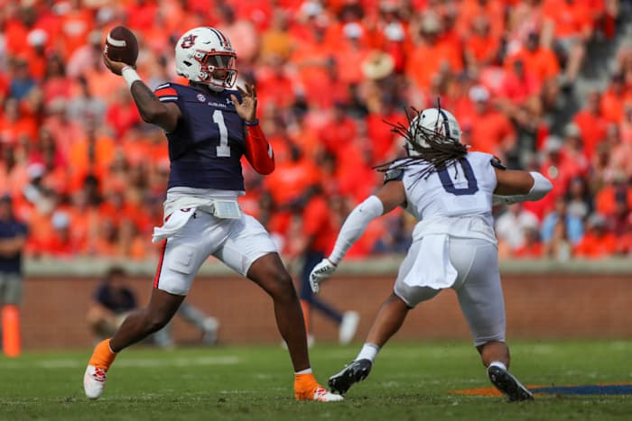 Auburn quarterback TJ Finley looks to pass against Penn State.