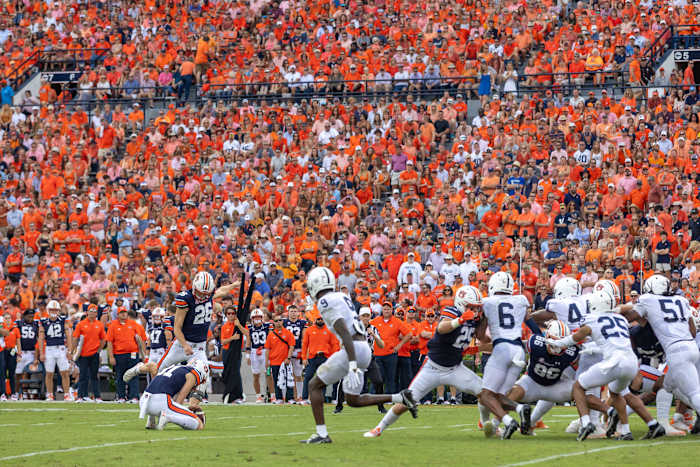 Anders Carlson kicking against Penn State.