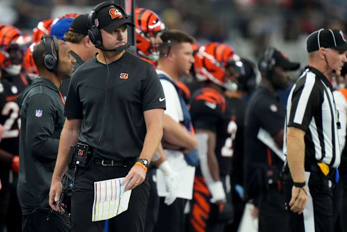 Cincinnati Bengals head coach Zac Taylor paces the sideline in the third quarter of an NFL Week 2 game against the Dallas Cowboys, Sunday, Sept. 18, 2022, at AT&T Stadium in Arlington, Texas. The Dallas Cowboys won, 20-17. Nfl Cincinnati Bengals At Dallas Cowboys Sept 18 2444