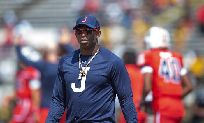 Jackson State head football coach Deion Sanders works with the Tigers during warmup before an NCAA college football game against Grambling State in Jackson, Miss., Saturday, Sept. 17, 2022. Tcl Grambling Jackson State