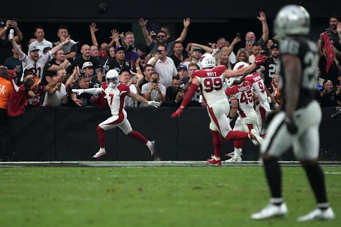 NFL: Arizona Cardinals at Las Vegas RaidersArizona Cardinals cornerback Byron Murphy Jr. (7) celebrates after scoring on a 59-yard fumble recovery in overtime against the Las Vegas Raiders at Allegiant Stadium.