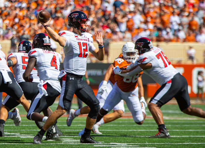 Texas Tech Red Raiders quarterback Tyler Shough (12) throws a pass against the Texas Longhorns during the first quarter at Darrell K Royal-Texas Memorial Stadium.