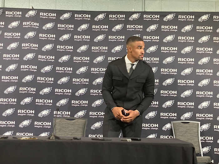 Jalen Hurts takes a seat in in the interview room following a strong game in a win over the Vikings in the 2022 home opener