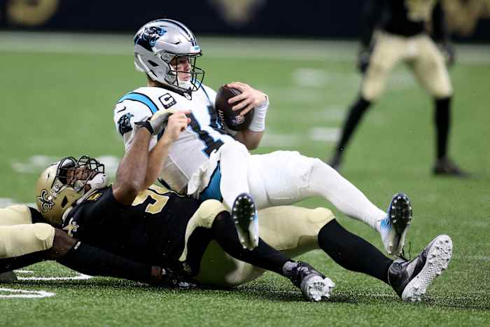 Jan 2, 2022; New Orleans Saints defensive end Cameron Jordan (94) sacks Carolina Panthers quarterback Sam Darnold (14). Mandatory Credit: Chuck Cook-USA TODAY