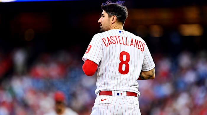 Jun 10, 2022; Philadelphia, Pennsylvania, USA; Philadelphia Phillies designated hitter Nick Castellanos (8) looks on against the Arizona Diamondbacks after second inning at Citizens Bank Park.