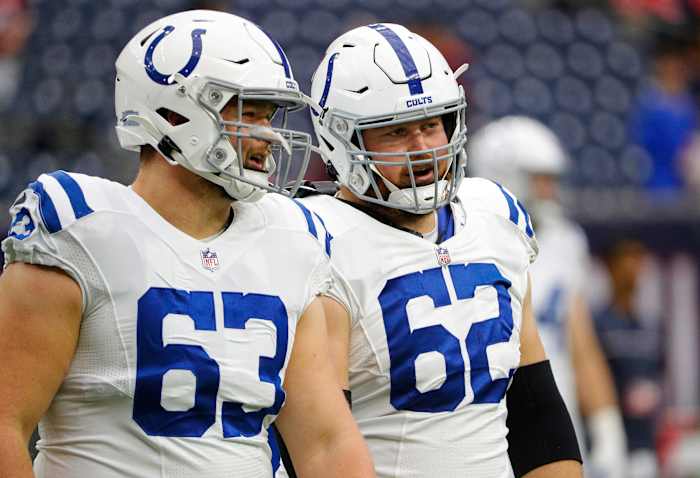 Indianapolis Colts guard Danny Pinter (63) and guard Chris Reed (62) warm up before facing the Texans on Sunday, Dec. 5, 2021, at NRG Stadium in Houston. Indianapolis Colts Versus Houston Texans On Sunday Dec 5 2021 At Nrg Stadium In Houston Texas