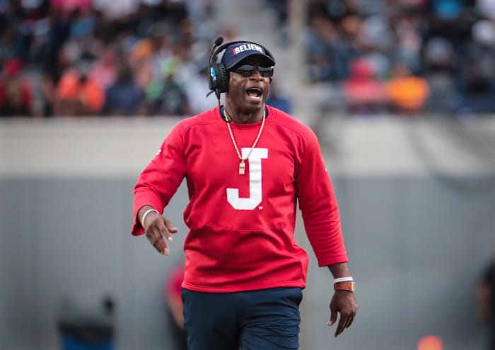 Jackson State coach Deion Sanders gets his team's attention during the Southern Heritage Classic NCAA college football game against Tennessee State, Saturday, Sept. 10, 2022. (Patrick Lantrip/Daily Memphian via AP)
